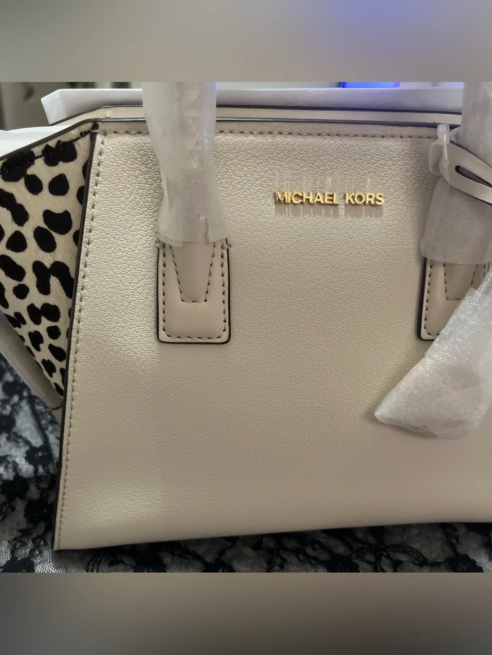 Michael Kors Avril Small Satchel Cream Leather Cheetah Calf Hair NWT Crossbody